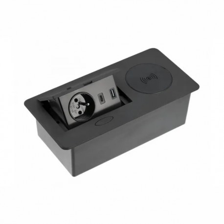 Boîte Extension Bureau Encastrée Rectangle Noir 1 prise + 2 USB + Induction 5W
